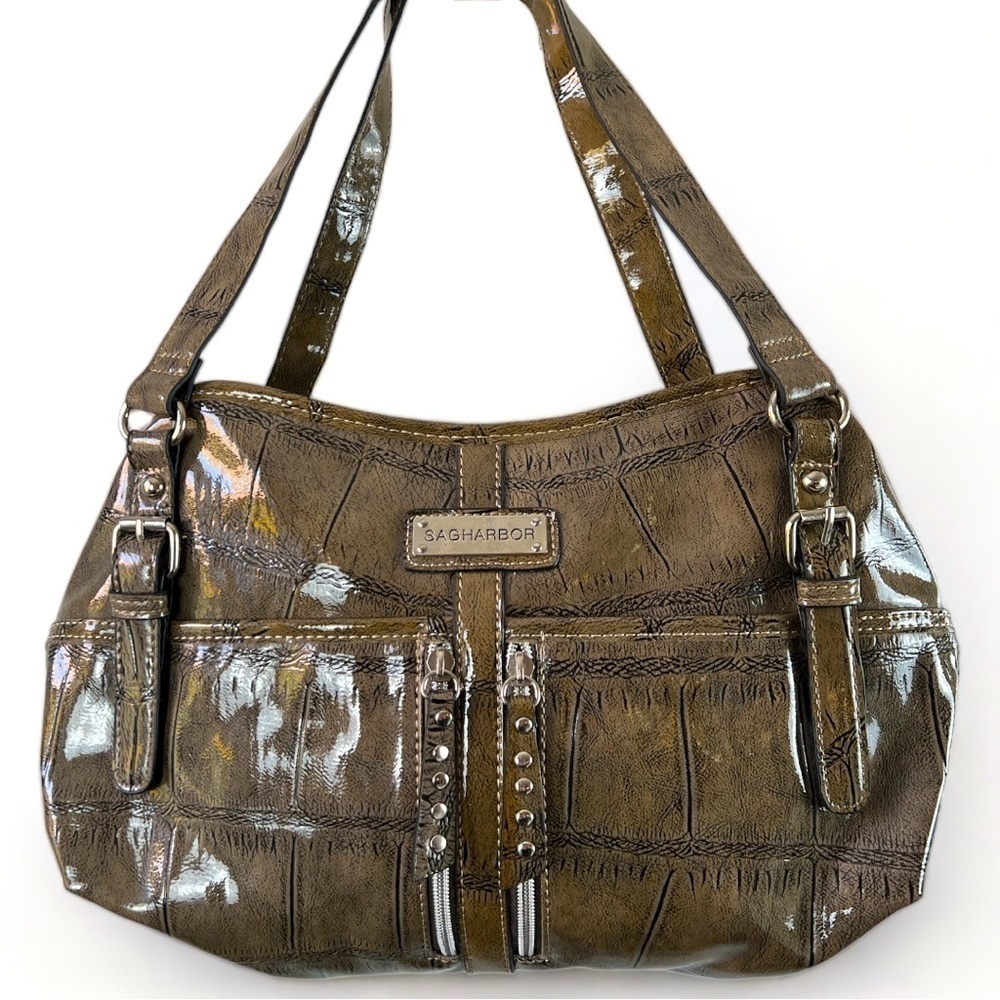 SAG HARBOR Vintage Olive Green Croc Embossed Hobo Shoulder Purse Silver Accent